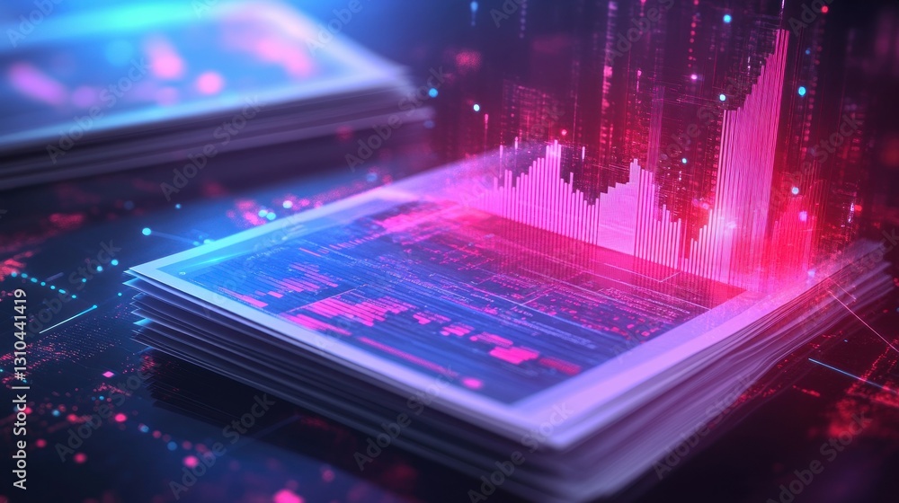 Poster digital data visualization and analytics with glowing graphs and charts in purple and blue