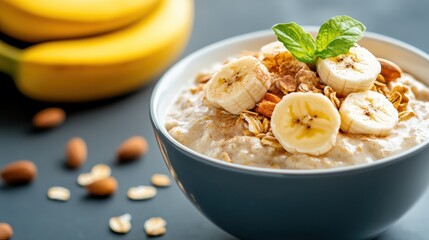 Delicious oatmeal topped with fresh banana slices and a sprinkle of cinnamon