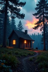 Abandoned cabin at dusk with a wolf's howl echoing through the forest, misty, night, shadows