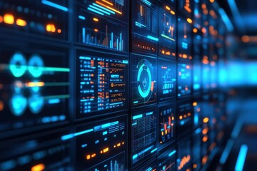 Fototapeta premium Futuristic Data Visualization Display with Bright Blue and Orange Lights for Modern Technology