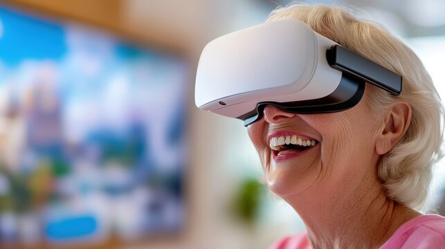 Elderly woman enjoys virtual reality adventure with joy and laughter
