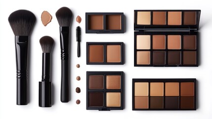 Beauty brushes and palettes are displayed on a white background