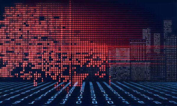 A digital binary tree with red illuminated leaves grows in a city of data.