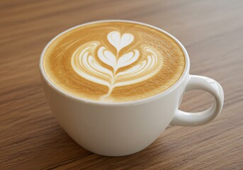 Latte art, delicious coffee, heart shape, coffee cup, coffee of love, Heart-shaped latte art in a creamy cappuccino on a wooden table