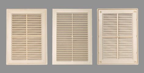 Beige ventilation grate on a gray background. Rectangle shape, plastic material. Front and back sides.