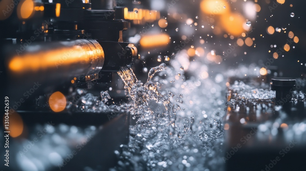 Poster close-up of water splashes from industrial pipe with sparkling stream and bokeh effect