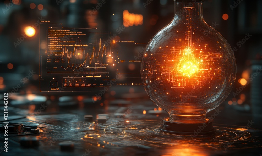 Poster futuristic laboratory with glowing flask and data visualization in dark environment