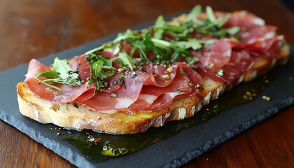 Toast with Meat and Greens on Slate Board