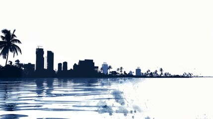 Fototapeta premium Silhouette of Dar es Salaam skyline with palm trees reflecting over tranquil ocean waters