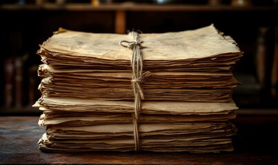 Vintage Bundled Papers on Wooden Table with Dark Background and Historical Feel