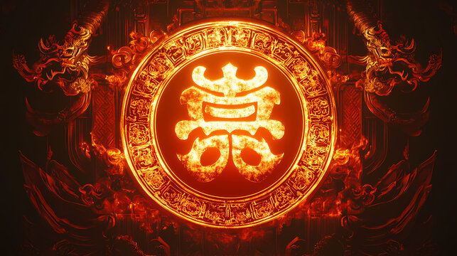 A decorative circular design showcasing the chinese character for prosperity, framed by ornate patterns and glowing softly. Ornate - Mask. Illustration
