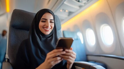 Saudi woman engaged with her mobile phone on a flight