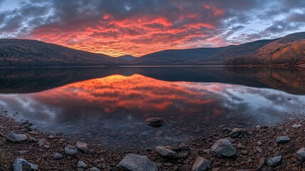 Fiery sunset reflected in tranquil mountain lake