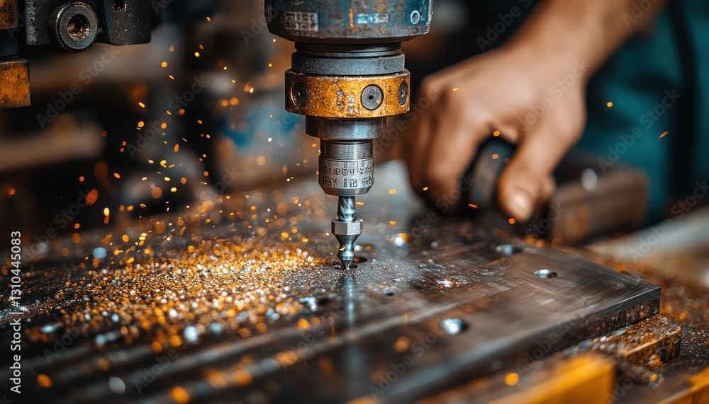 Poster close-up of a hand operating a drill machine with sparks flying in a workshop