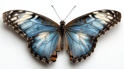 Close-up view of a stunning blue butterfly resting on a white background