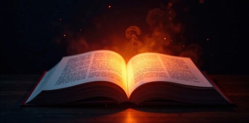 Book with unique glowing light emanating from it on dark background, ambiance, light, book