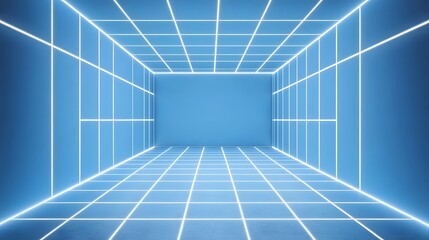 Obraz premium Abstract Blue Neon Grid Room Futuristic Background
