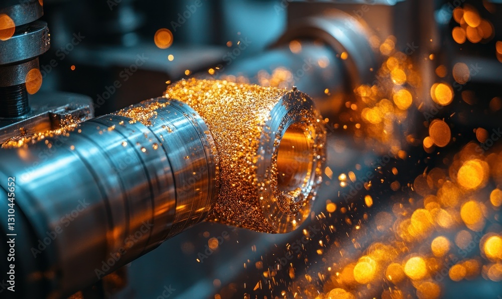 Aufkleber close-up view of sparkling metal shavings during cnc machining process in a factory