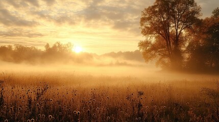 Sunrise serenity misty meadow landscape in early morning tranquil nature scene atmospheric viewpoint