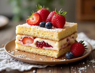 Appetizing Creamy Cake with special filling fluffy cake layer with creamy filling, fruit jam and fresh elements as dessert, extraordinary taste experience