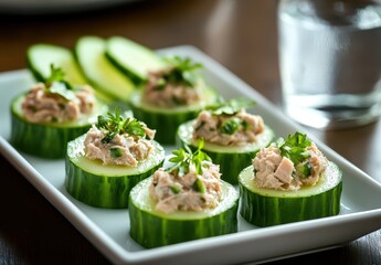 Fresh Cucumber Slices Topped with Creamy Tuna Salad Garnished with Herbs on a White Plate Perfect for Healthy Eating and Appetizers