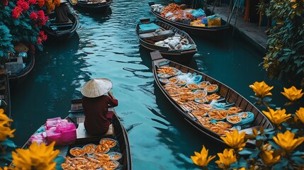 Fototapeta premium Floating Market, Canal Boats, Tropical Flowers