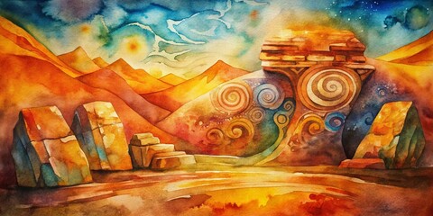 Earthy Tones Watercolor Rock Art: Abstract Nature Design,  Sculpted Stone Texture