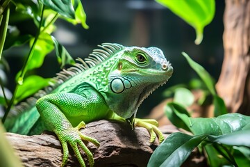 Fototapeta premium Iguanas amidst the lush foliage, hiding in tree branches, sharp eyes watching every movement. Habitat in humid tropical forests, the most suitable place for this reptile to live
