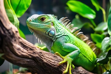 Iguanas amidst the lush foliage, hiding in tree branches, sharp eyes watching every movement. Habitat in humid tropical forests, the most suitable place for this reptile to live