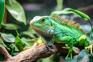 Fototapeta premium Iguanas amidst the lush foliage, hiding in tree branches, sharp eyes watching every movement. Habitat in humid tropical forests, the most suitable place for this reptile to live