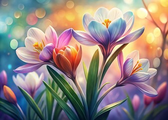 Naklejka premium Easter Botanical Illustration: Delicate Spring Flowers with Bokeh, Scientific Drawing Style
