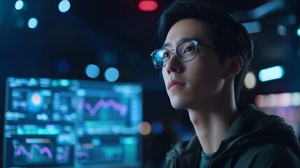 Focused Programmer, Night Office, Data Screen