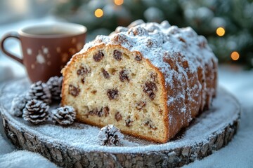 A Festively Decorated White Cake with Dried Fruits and Nuts on a Wooden Platter Surrounded by Christmas Pinecones and a Warm Cup of Cocoa in a Cozy Holiday Setting