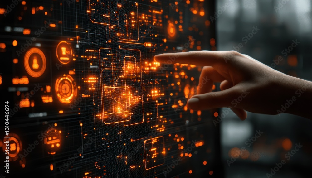 Poster digital security interface with lock icon and hand interaction in futuristic environment