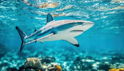Fototapeta premium Graceful Shark Swimming Among Coral Reefs in Crystal Clear Tropical Waters