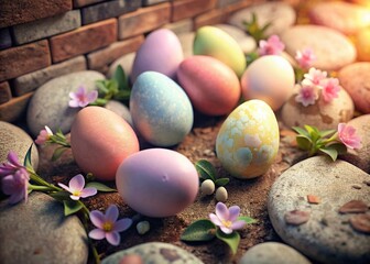 Obraz premium Easter Eggs on Rustic Brick Background: Festive Spring Holiday Food Photography