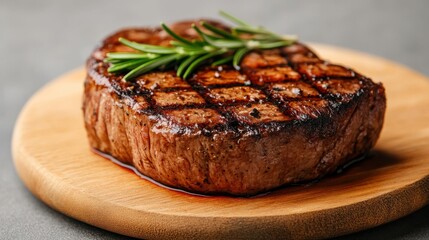 Savory grilled steak garnished with fresh rosemary on rustic wooden plate