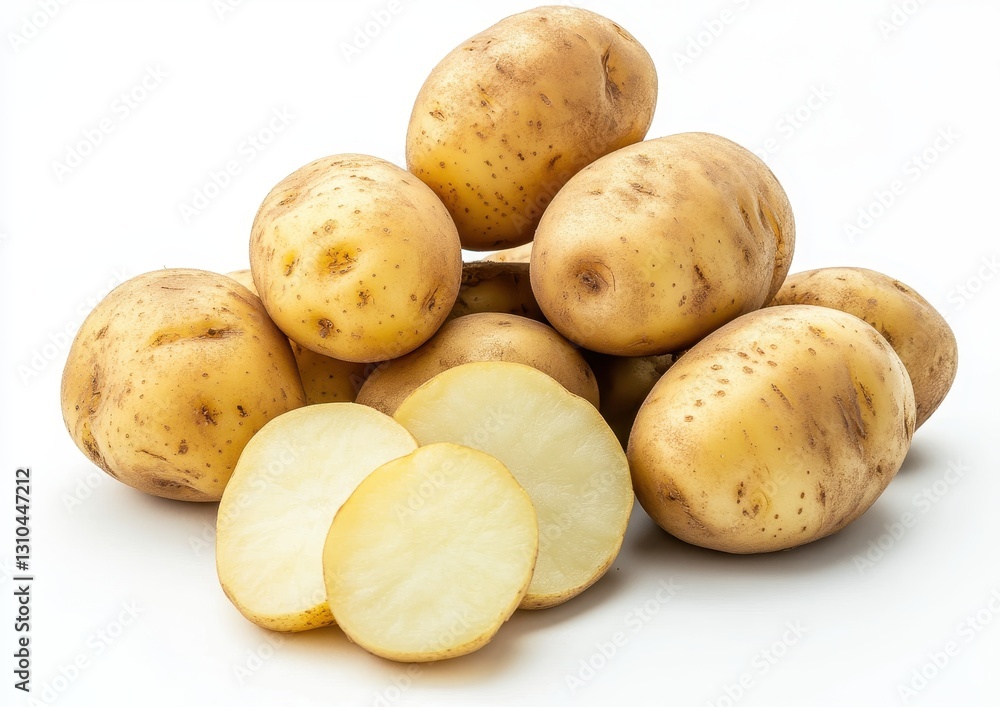 Poster fresh organic potatoes stacked on white background with slices showing inner texture and color for c