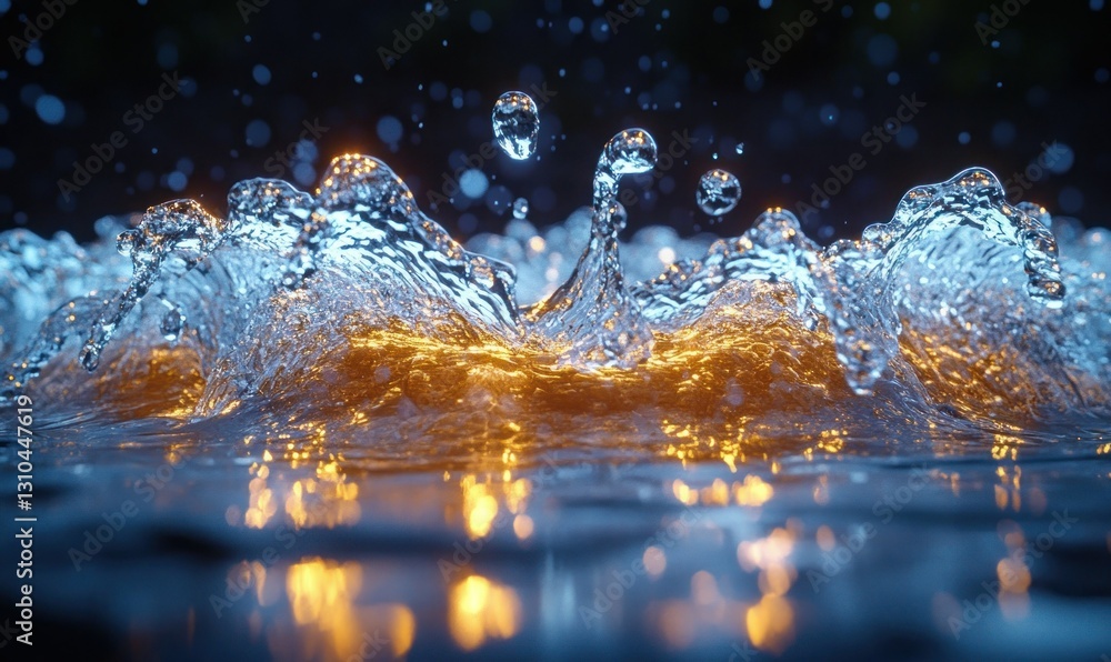 Poster dynamic water splash with bubbles and glowing light reflections in a dark background
