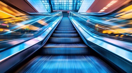 Dynamic escalator journey urban shopping center photo indoor environment upward perspective motion and light play