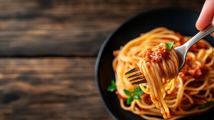 Fork twirls spaghetti delightfully wrapped in rich tomato sauce