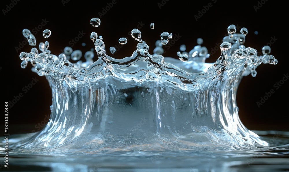 Poster captivating water splash with dynamic droplets and rippling effects in dark background