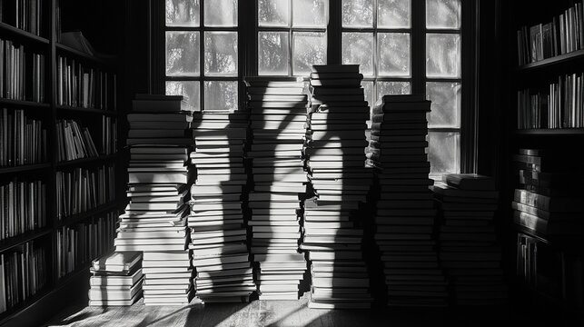 Books stacked elegantly in a dimly lit library artistic black and white photography atmospheric scene