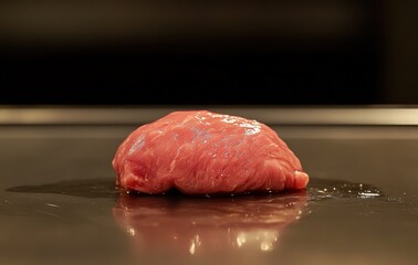 Fresh Raw Beef Steak on a Grill Surface with Glimmering Moisture, Ready for Cooking in a Professional Culinary Setting