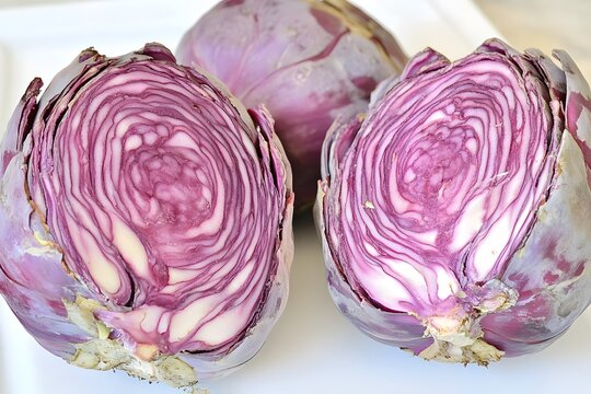 Vibrant Red Cabbage Halves Closeup Photography - Powered by Adobe