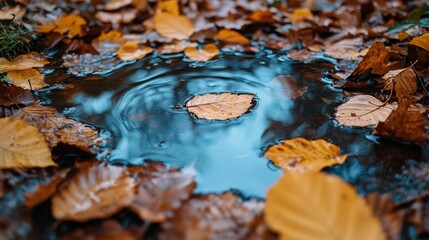 Fototapeta premium Rippling water reflection with autumn leaves natural landscape nature photography tranquil environment close-up seasonal beauty