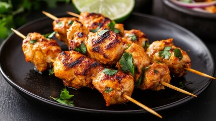 Spicy tandoori chicken skewers on a black plate with smoky charred edges and vibrant garnishes, showcasing traditional indian grilled cuisine with rich aromatic spices for a delicious and flavorful fo