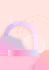 Bright vertical background with shapes, arches, bubbles and podium with gradients. Product presentation template.