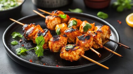 Fototapeta premium Spicy tandoori chicken skewers on a black plate with smoky charred edges and vibrant garnishes, showcasing traditional indian grilled cuisine with rich aromatic spices for a delicious and flavorful fo