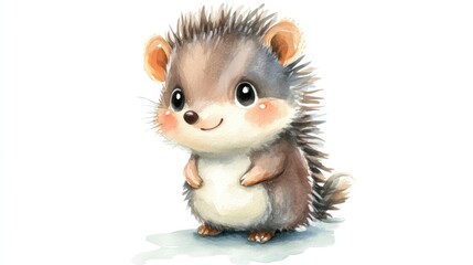 Fototapeta premium A cute watercolor illustration depicts a small smiling hedgehog on white background